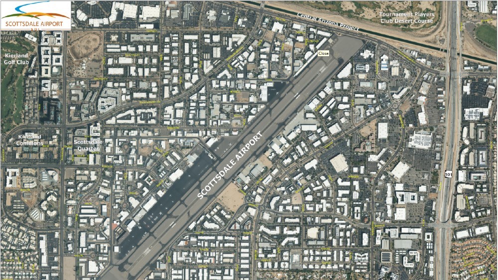Aerial map of Scottsdale Airport and surrounding area with labeled streets and buildings.