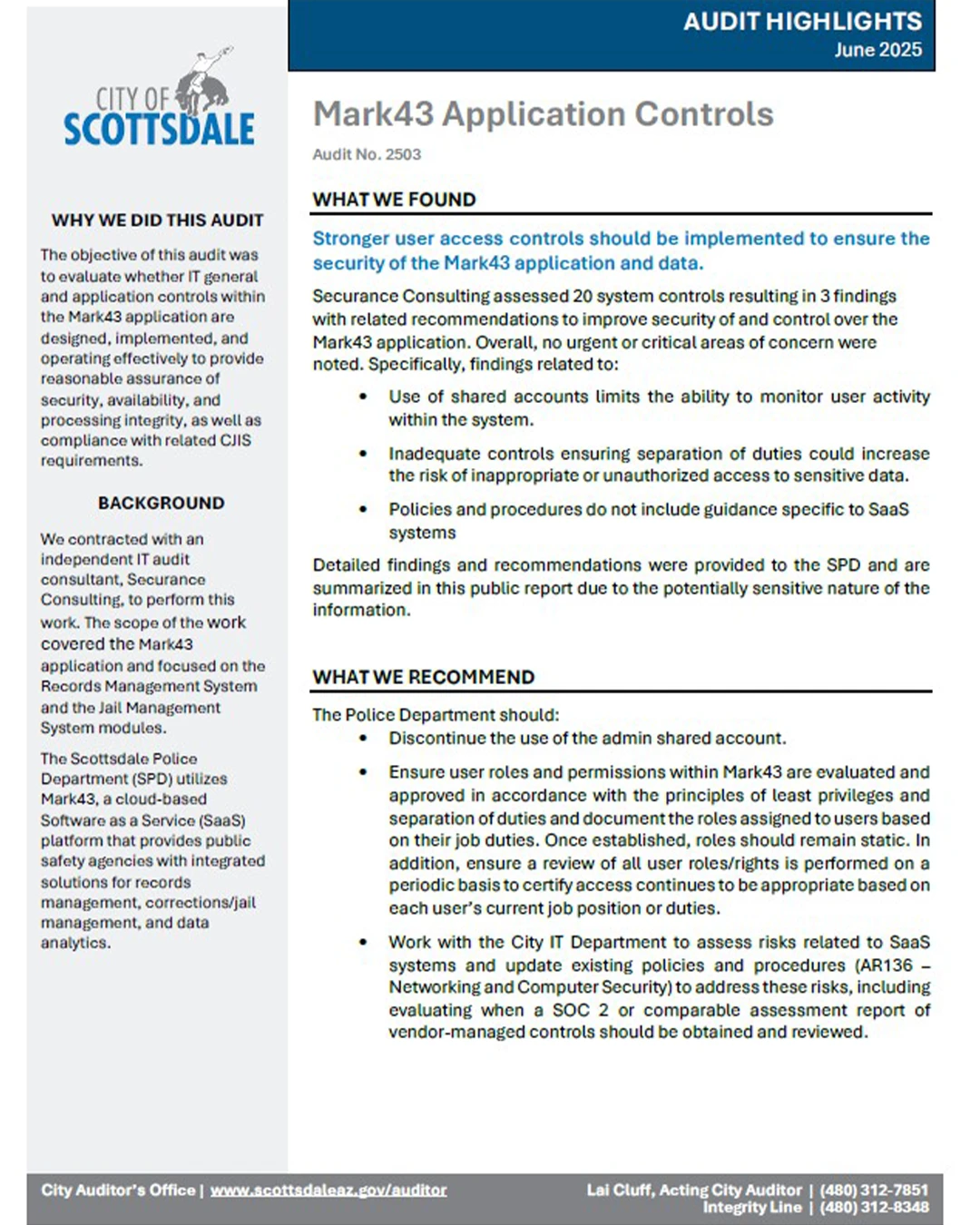Scottsdale Audit Highlights document titled 'Mark43 Application Controls – Audit no. 2503.'