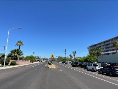 Sunny intersection with palm trees, cars, and pedestrian signs