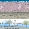 Map showing the section of Carefree Highway from Arroyo Road to Ridgeway Drive, including a cross-section view of the road layout with lanes, bike lanes, sidewalks, and benches.