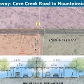 Map showing the section of Carefree Highway from Cave Creek Road to Mountainside Drive, including a cross-section view of the road layout with lanes, bike lanes, sidewalks, and benches.