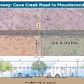 Map showing the section of Carefree Highway from Cave Creek Road to Mountainside Drive, including a cross-section view of the road layout with lanes, bike lanes, sidewalks, and benches.