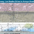 Map showing the section of Carefree Highway from Los Reales Drive to Arroyo Road, including a cross-section view of the road layout with lanes, bike lanes, sidewalks, and benches.