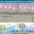 Map showing the section of Carefree Highway from Mountainside Drive to Los Reales Drive, including a cross-section view of the road layout with lanes, bike lanes, sidewalks, and benches.