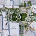 Aerial view of the master plan for the project area, including layout of lawns, pathways, and surrounding buildings.