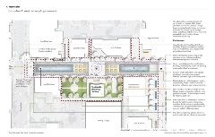 Enhanced entrance with existing trees, water features, planters, seating, and shade structures.