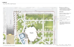 Landscaped area with shade structures, event infrastructure, underground parking, and improved pathways.