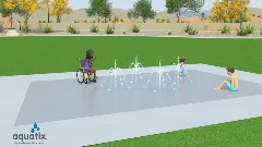 Child in a wheelchair and two kids playing in a small splash pad.