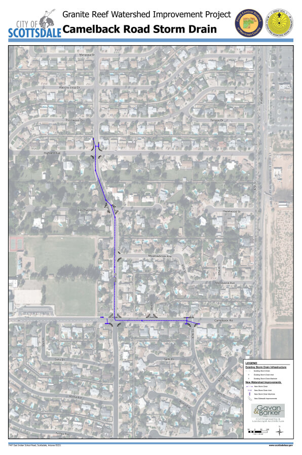 Map illustrating the storm drain system along Camelback Road.