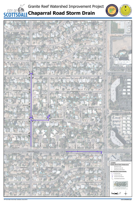 Map outlining the storm drain layout along Chaparral Road.