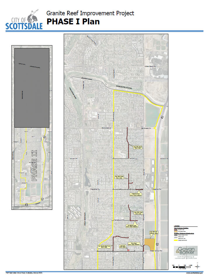 Granite Reef Improvement Project Phase I Plan detailing planned areas of storm drain construction.