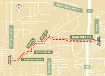 Map showing Raintree Drive project area with highlighted route.