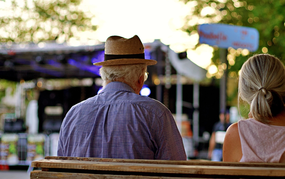 backs of people looking at a stage in a park