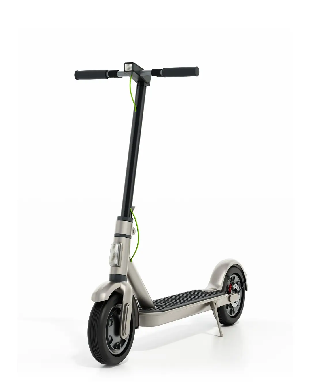 Silver electric kick scooter with a black stem, green cable, and front and rear lights
