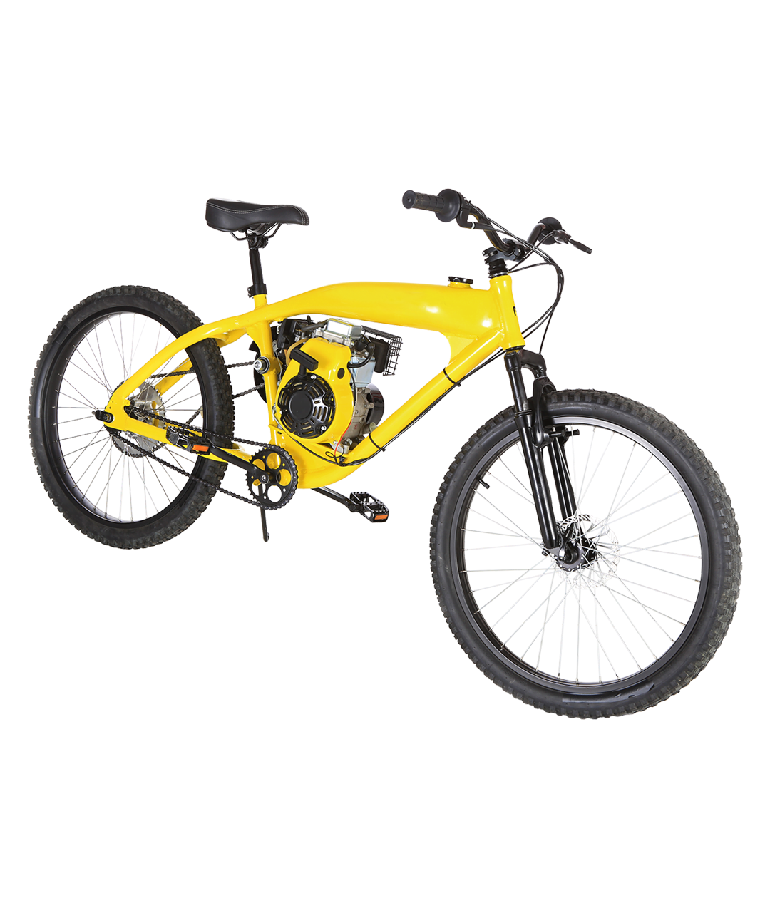 Yellow motorized bicycle with a mounted engine, knobby tires, and front suspension