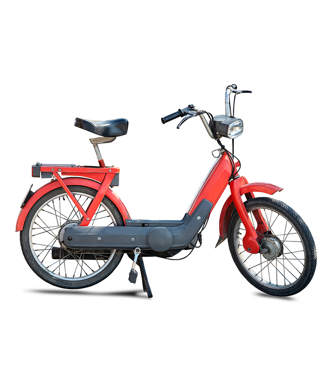 Red vintage-style moped with a black seat, rear rack, and thin wheels