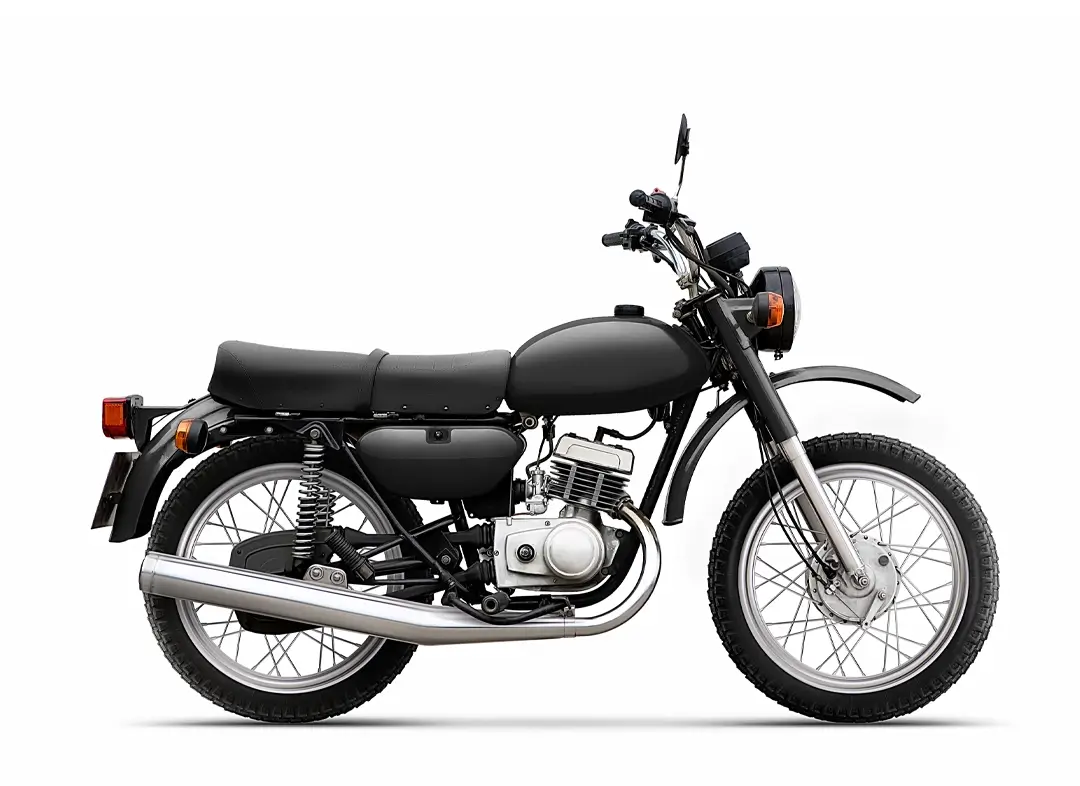 Black classic-style motorcycle with a single-cylinder engine and chrome exhaust