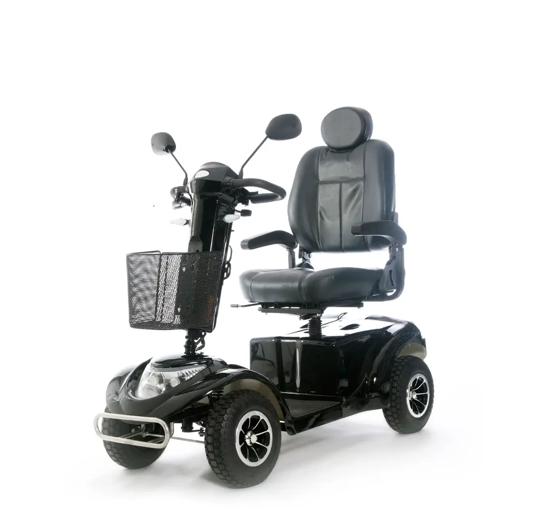 Black mobility scooter with a large cushioned seat, armrests, mirrors, and front basket