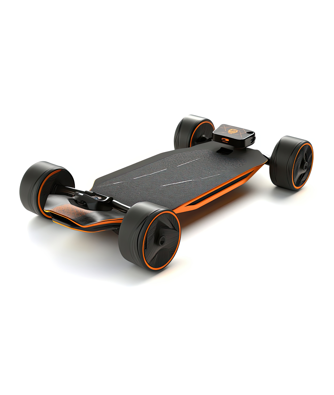 Sleek electric skateboard with large black wheels, orange accents, and a low aerodynamic deck