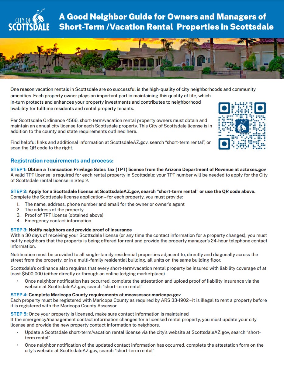 Guide cover showing Scottsdale home exterior with title about owners managing short-term rental properties.