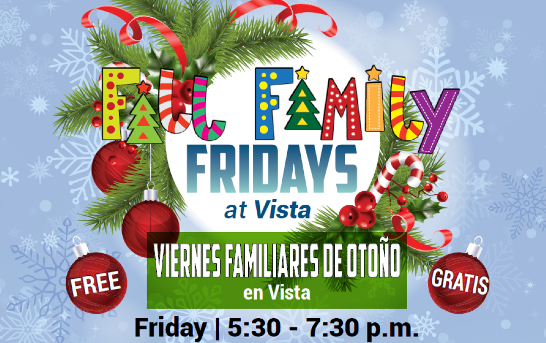 Holiday-themed flyer with ornaments and pine branches promoting free Fall Family Fridays event in English and Spanish.