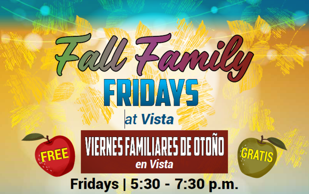 Fall Family Fridays bilingual event flyer with colorful leaves and free‑event apples