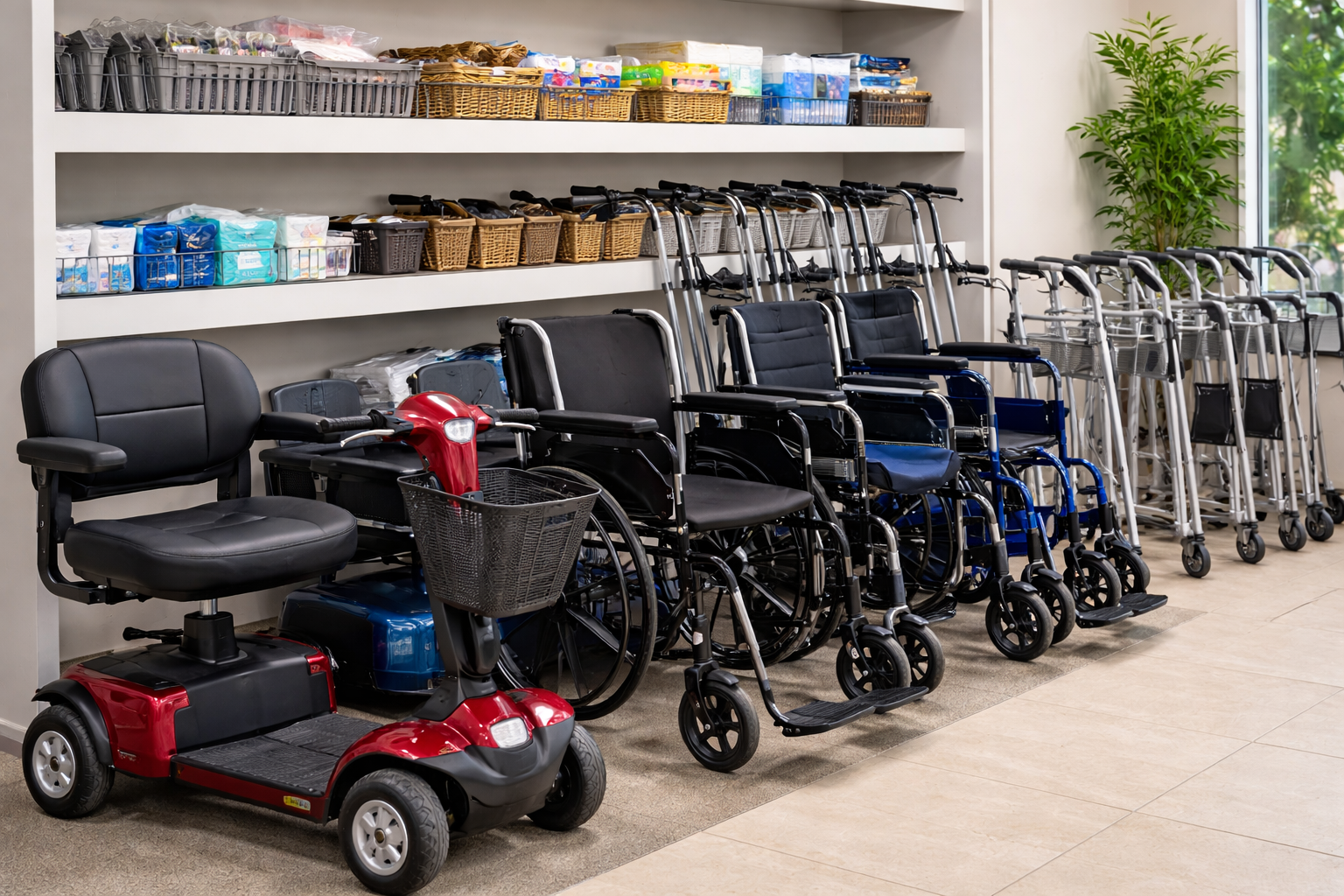 Organized medical equipment room with mobility scooters, wheelchairs, walkers, and shelves of medical supplies.