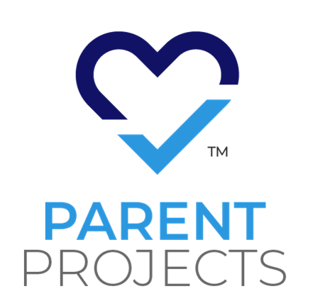 light and dark blue heart with the words parent projects