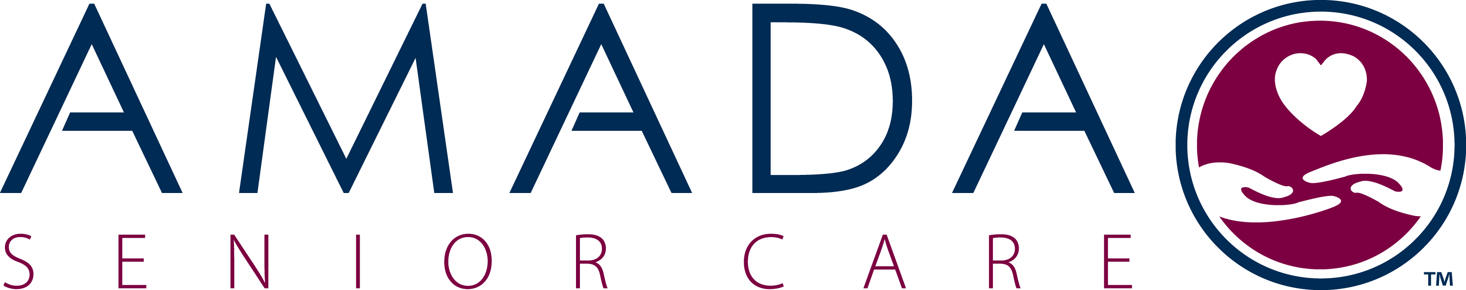 Amada Senior Care logo featuring the word 'AMADA' in dark blue capital letters, 'Senior Care' in smaller maroon text below, and a circular emblem to the right showing two hands cradling a heart.