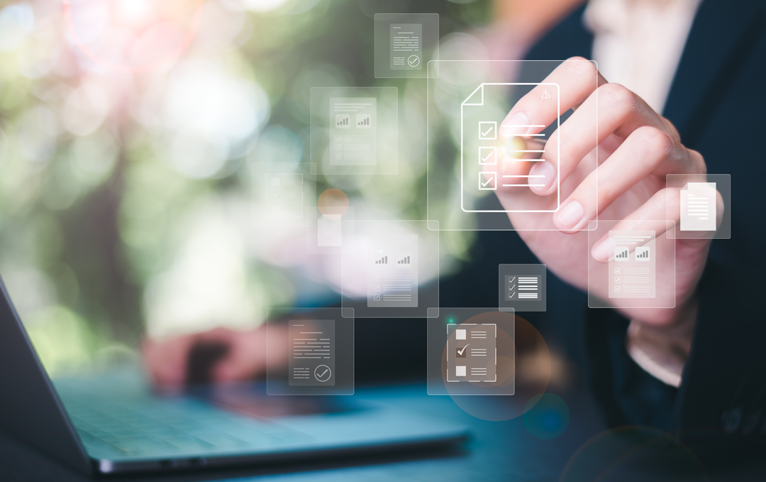 Hand on keyboard and other in air with a graphic showing they are creating an online work order