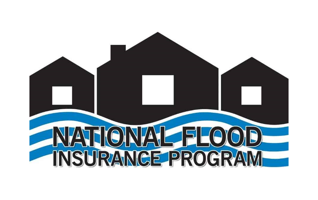 National Flood Insurance Program logo featuring three black house silhouettes above blue and white wave lines, with the program name written below.