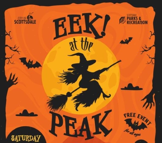 Halloween-themed poster with a witch flying across a full moon surrounded by bats and trees