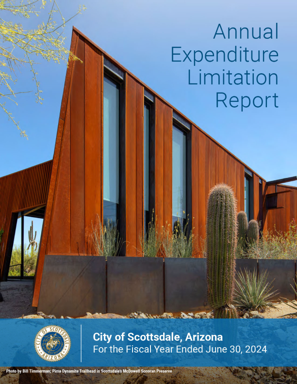 Scottsdale expenditure report cover featuring modern rust-colored desert building and surrounding cacti.