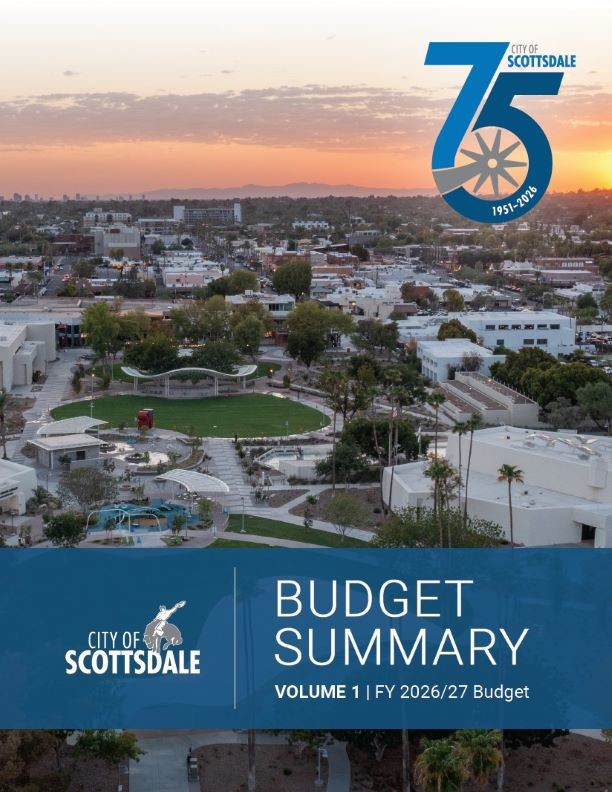 Cover of Scottsdale's FY 2026/27 Budget Summary, Vol 1, featuring an aerial sunset view.