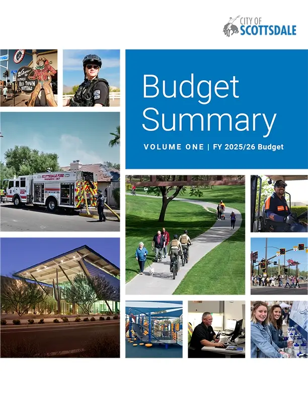City of Scottsdale budget summary cover with public services, community activities, and facility images.