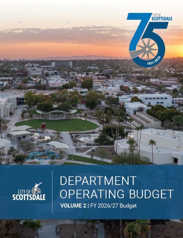 Cover of Scottsdale's FY 2026/27 Capital Improvement Plan, Vol 2, featuring an aerial sunset view.