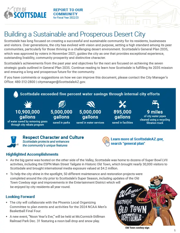 City of Scottsdale community report page highlighting sustainability efforts, water savings, and local accomplishments.