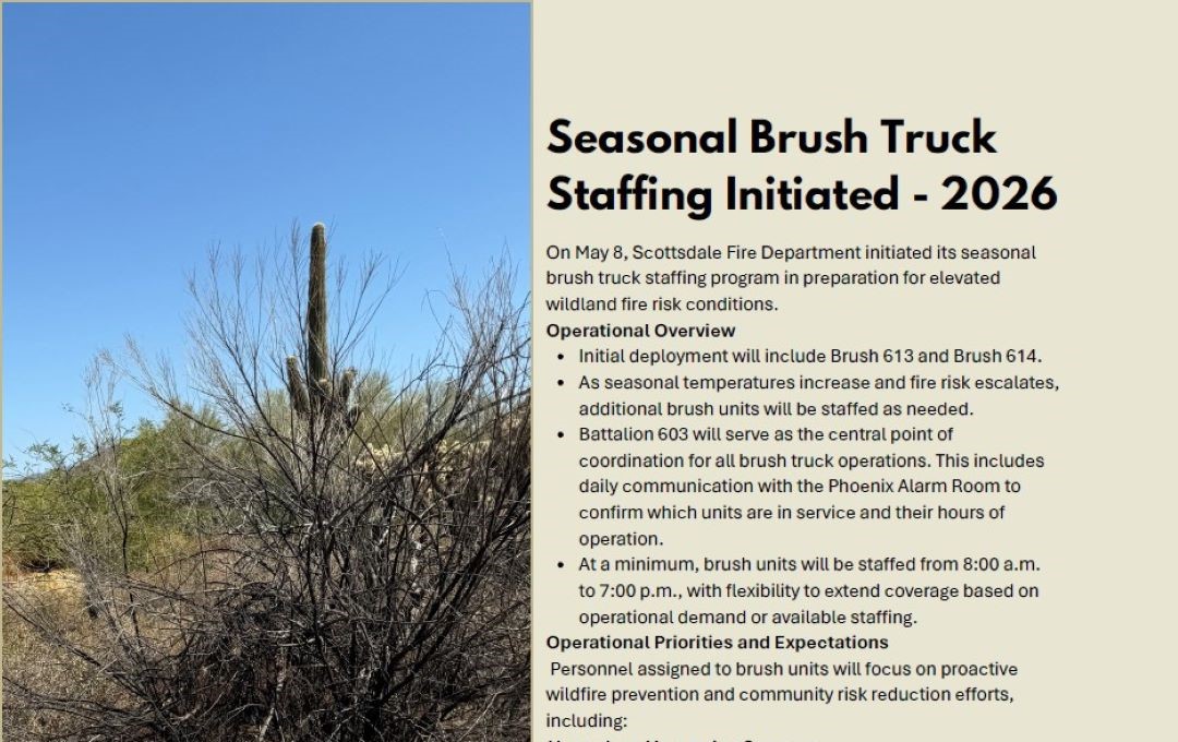 Saguaro cactus behind dry desert brush next to text about 2026 Seasonal Brush Truck Staffing.