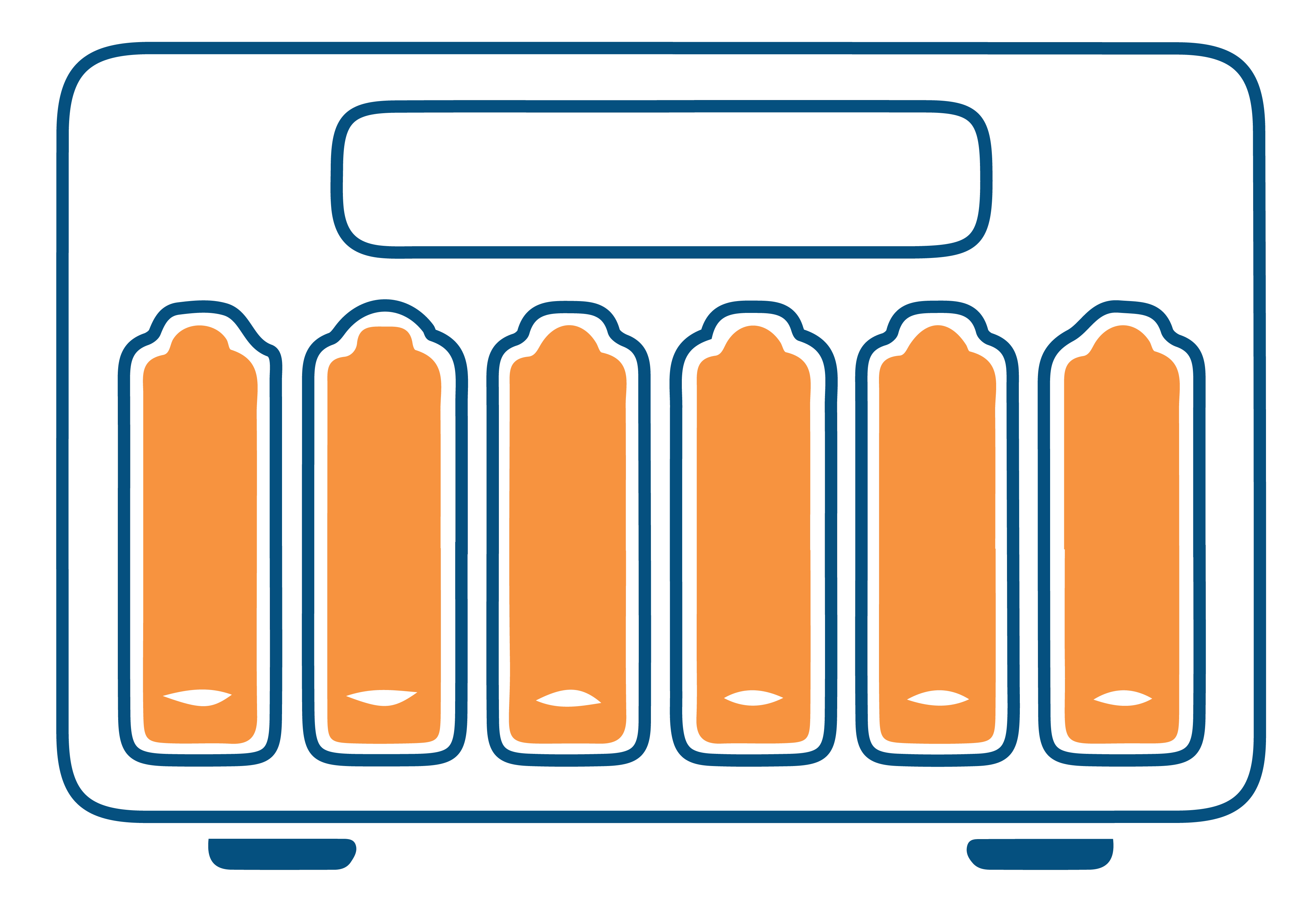 Line-art battery storage organizer icon with six orange batteries in blue-outlined slots.