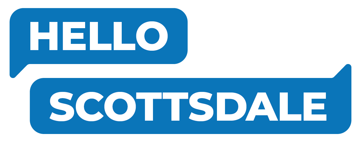 Blue “HELLO SCOTTSDALE” text displayed inside two connected speech-bubble shapes.