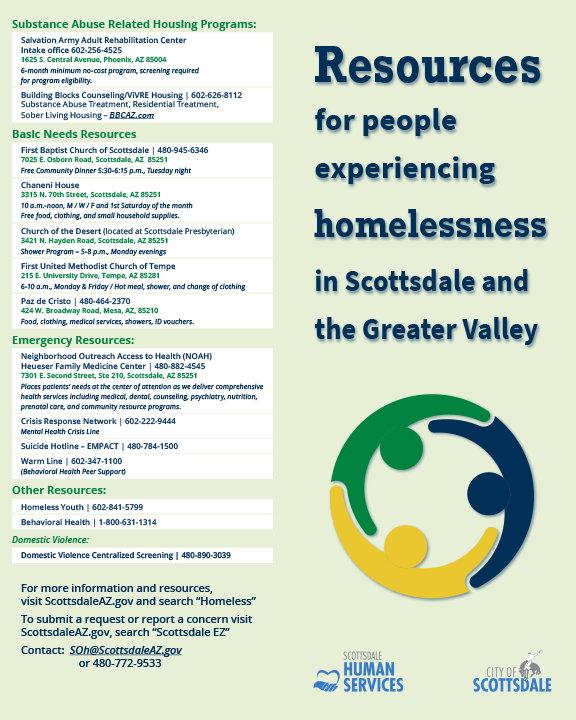 Informational flyer listing homelessness resources, emergency contacts, and housing programs in Scottsdale and surrounding areas.