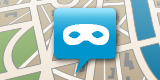 Blue speech-bubble map marker with a white mask icon on it, placed over a stylized city map background.