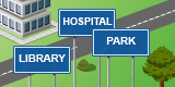 Three blue signs labeled Library, Hospital, and Park standing near a road in a simple illustrated city scene.