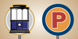 Illustrated icons showing a vintage trolley car and a round parking sign with a large letter P.
