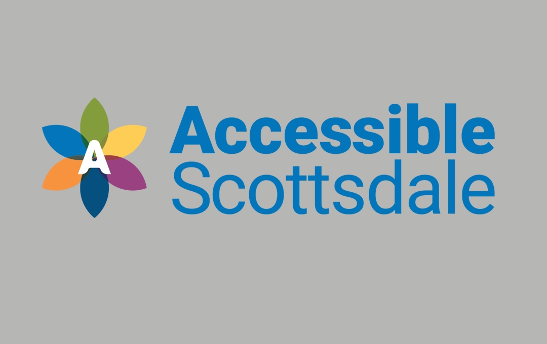News image A in front of multi-colored petals and words Accessible Scottsdale in blue