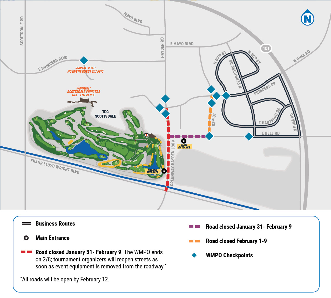 Map of road closures and access routes around TPC Scottsdale for the WMPO, showing the main entrance, Hayden entrance, business routes, checkpoint locations, and roads closed between January 31 and February 9, with all roads noted to be open by February 12.