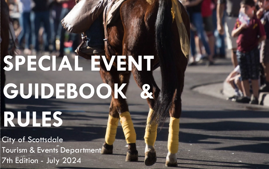 Horse and rider in a street parade as onlookers stand behind, event guide cover.