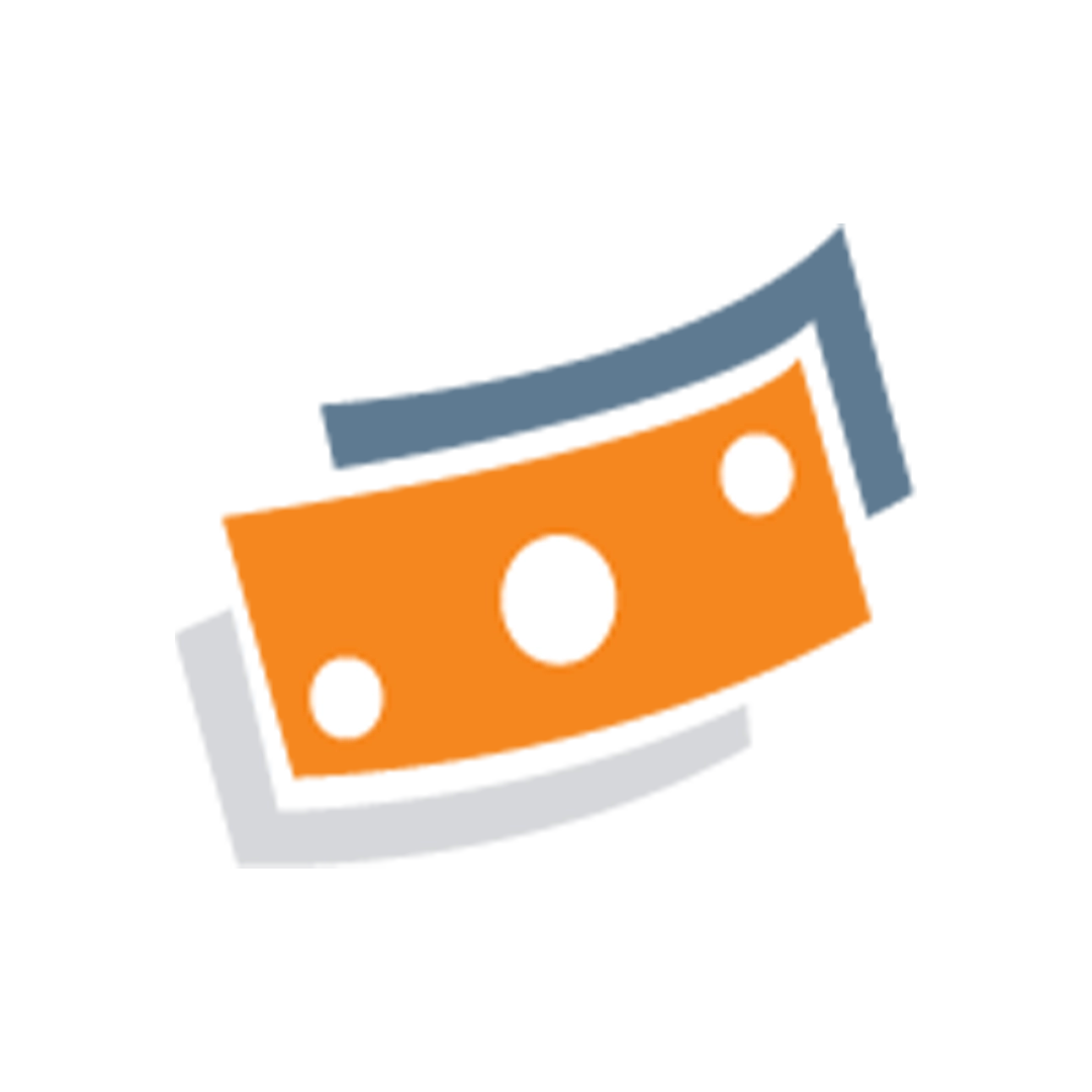 Stylized orange bill icon with white circular accents layered over gray and blue curved shapes.