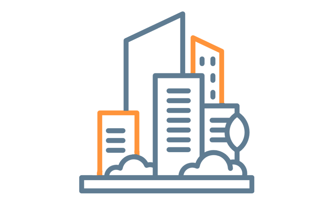 Stylized cityscape icon with blue and orange outlined buildings and small cloud shapes at the base