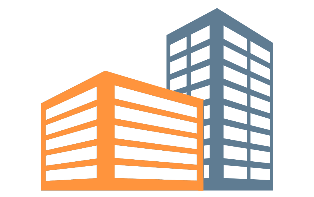 Two stylized building icons: an orange mid‑rise structure in front and a taller blue high‑rise behind it
